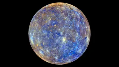 The planet Mercury on a black background. This colorful view of Mercury was produced by using images from the color base map imaging campaign during MESSENGER's primary mission.  NASA/Johns Hopkins University Applied Physics Laboratory/Carnegie Institution of Washington