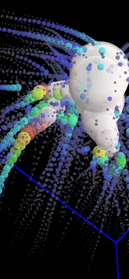 A representation of a merger tree from the model Galacticus, used to determine the formation and evolution of the galaxies. Image courtesy Andrew Benson.