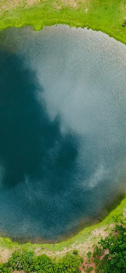 An overhead view of a body of water inside a forest
