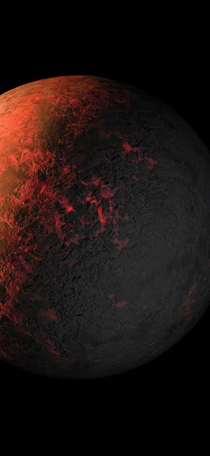 A purple-stained cell, an orange and black lava planet, and a rough diamond represent our three scientific divisions. Courtesy of Carnegie Science.