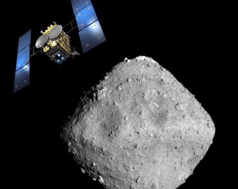 A composite image showing the Hayabusa2 spacecraft approaching the Ryugu asteroid. Spacecraft image is courtesy of NASA. Asteroid image is courtesy of JAXA, University of Tokyo, Kochi University, Rikkyo University, Nagoya University, Chiba Institute of Technology, Meiji University, Aizu University, and AIST.