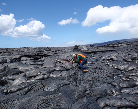 Diana Roman conducting fieldwork at Kilauea Volcano, Hawaii