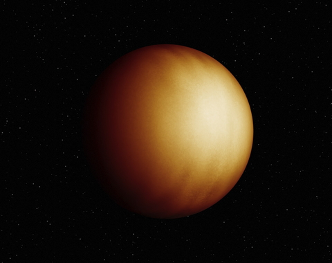 An artist’s concept of WASP-18 b, with a lightly orange cast, created by Keith Miller (Caltech/IPAC).