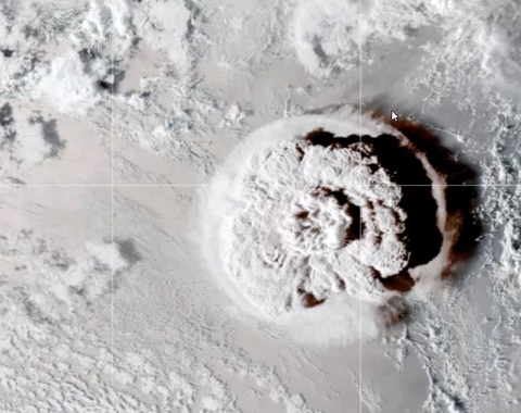 Still shot from a looping video showing an umbrella cloud generated by the underwater eruption of the Hunga Tonga-Hunga Ha’apai volcano on Jan. 15, 2022. The GOES-17 satellite captured the series of images that also show crescent-shaped shock waves and lightning strikes. Credit: NASA Earth Observatory image by Joshua Stevens using GOES imagery courtesy of NOAA and NESDIS.