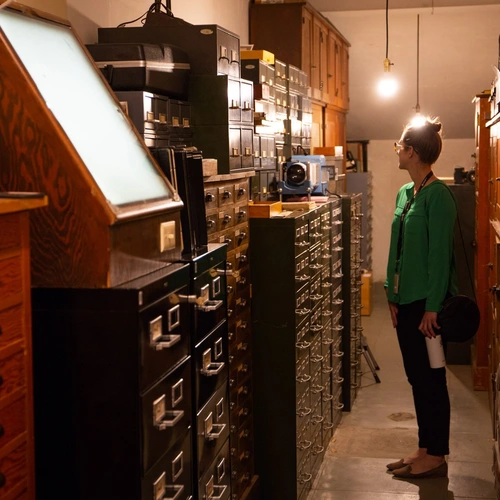 GMT employees on a tour of the Observatories plate vault.