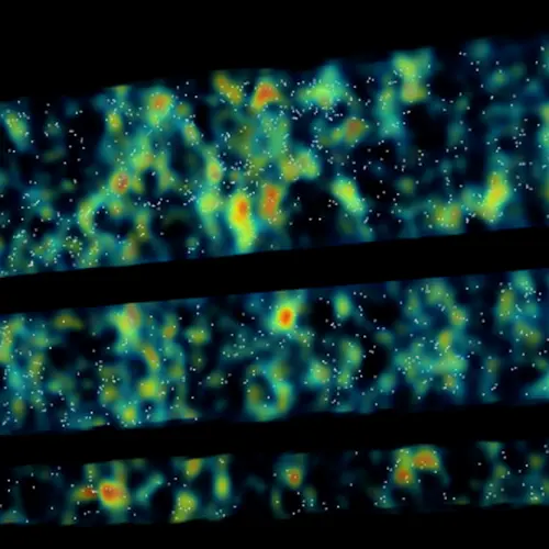 A map of intergalactic hydrogen where yellow-to-red represents high density regions and blue-to-black indicates areas of low density. Credit: Andrew Newman.