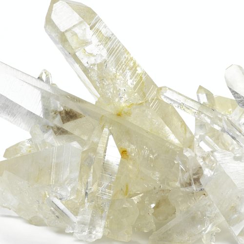 Quartz crystals with a white background. 