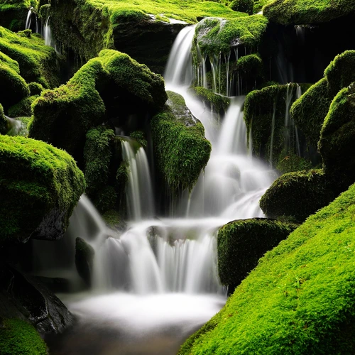 A waterfall flows over moss-covered rocks